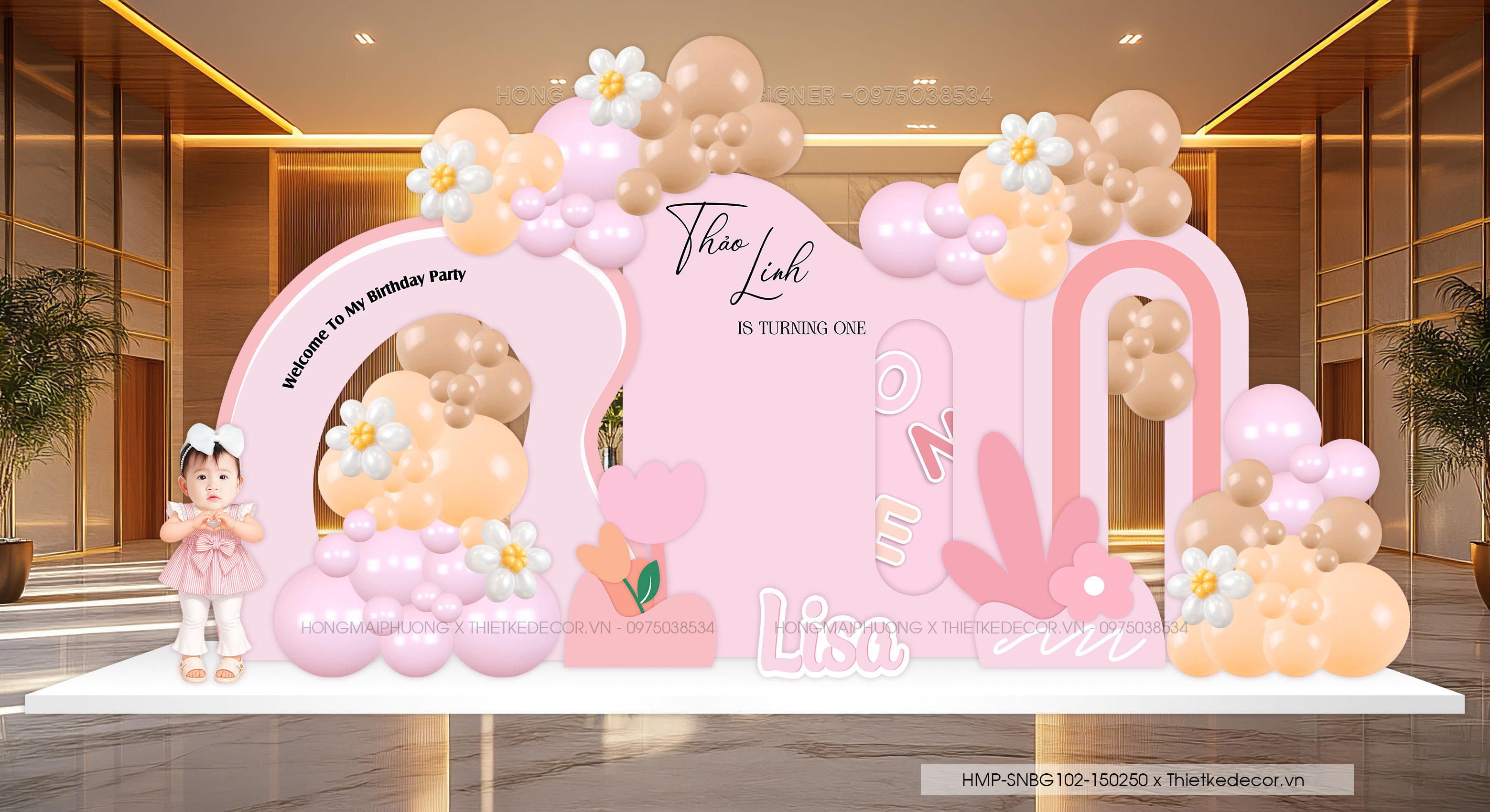 File thiết kế decor trang trí tiệc sinh nhật bé gái mix bong bóng cute dễ thương đáng yêu tone hồng